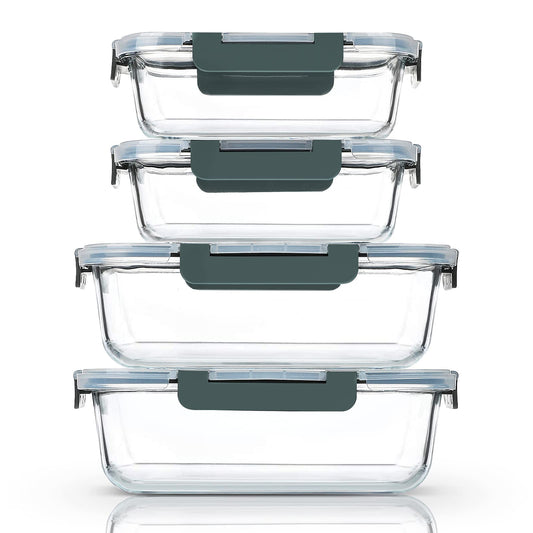 Glass food storage containers with airtight lids, stackable design for efficient kitchen organization, suitable for microwave, oven, freezer, and dishwasher use.